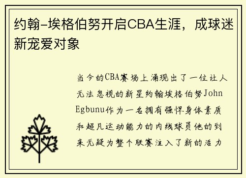 约翰-埃格伯努开启CBA生涯，成球迷新宠爱对象
